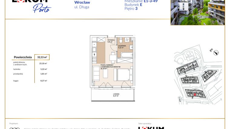 Rzut - Mieszkanie na sprzedaż 1 pokój o powierzchni 32,13 m² - numer E1-3-49 w Lokum Porto etap VI