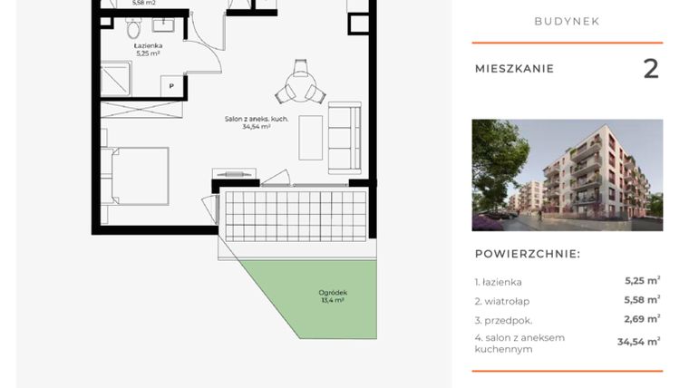 Rzut - Mieszkanie na sprzedaż 1 pokój o powierzchni 48,06 m² - numer 2 w Mikusińskiego 25