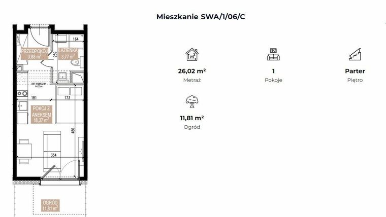 Rzut - Mieszkanie na sprzedaż 1 pokój o powierzchni 26,02 m² - numer SWA/1/06/C w Apartamenty Świeradowska