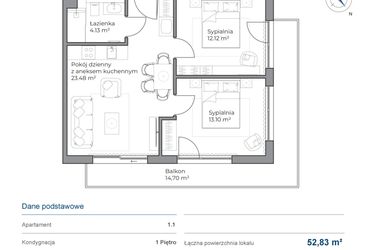 Rzut - Mieszkanie na sprzedaż 3 pokoje o powierzchni 52,83 m² - numer B.1.1 w Anchoria Holiday