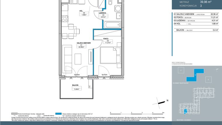 Rzut - Mieszkanie na sprzedaż 2 pokoje o powierzchni 39,96 m² - numer D1.3.06 w Nordic Bemowo - etap IV