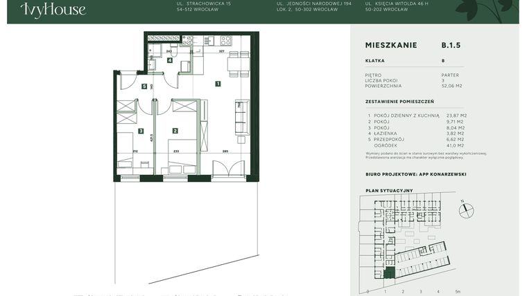 Rzut - Mieszkanie na sprzedaż 3 pokoje o powierzchni 52,06 m² - numer B.1.5 w IVY HOUSE