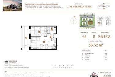 Rzut - Mieszkanie na sprzedaż 2 pokoje o powierzchni 36,52 m² - numer JAR-IV-D-LM-M44 w Osiedle JAR Heweliusza etap IV