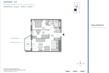 Rzut - Mieszkanie na sprzedaż 3 pokoje o powierzchni 61,59 m² - numer 8.2 w SEAHall