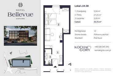 Rzut - Mieszkanie na sprzedaż 1 pokój o powierzchni 35,75 m² - numer 30 w Hotel Bellevue