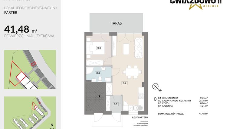 Rzut - Mieszkanie na sprzedaż 2 pokoje o powierzchni 41,48 m² - numer A14.1 w Gwiazdowo II
