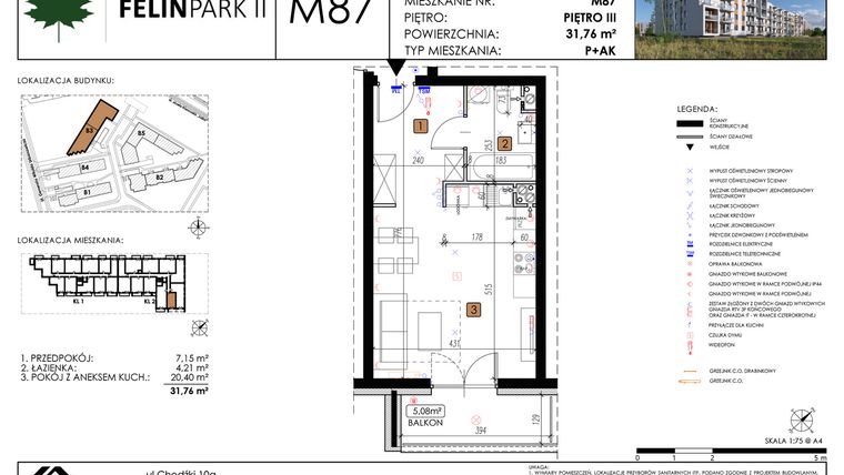 Rzut - Mieszkanie na sprzedaż 1 pokój o powierzchni 31,81 m² - numer M87 w Felin Park II etap 2
