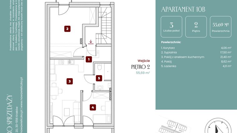 Rzut - Mieszkanie na sprzedaż 3 pokoje o powierzchni 55,69 m² - numer 10B w Nowa Wieliczka