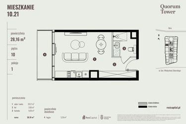 Rzut - Mieszkanie na sprzedaż 1 pokój o powierzchni 28,16 m² - numer 10.21 w Quorum Tower