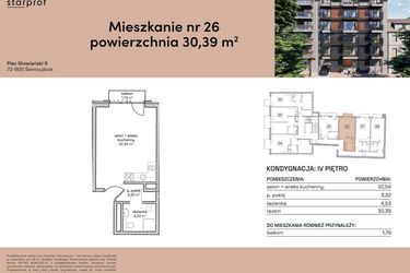 Rzut - Mieszkanie na sprzedaż 1 pokój o powierzchni 30,39 m² - numer M26 w Plac Słowiański 9