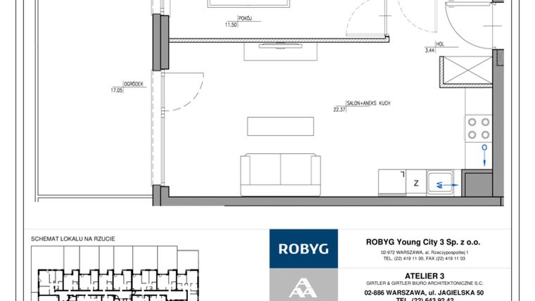 Rzut - Mieszkanie na sprzedaż 2 pokoje o powierzchni 41,78 m² - numer MC/G/A/0/3 w Modern City etap G