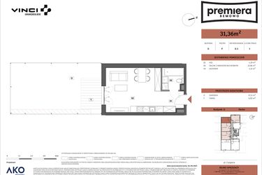 Rzut - Mieszkanie na sprzedaż 1 pokój o powierzchni 31,36 m² - numer D.03 w Premiera Bemowo