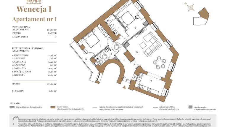 Rzut - Mieszkanie na sprzedaż 3 pokoje o powierzchni 104,12 m² - numer 1 w Wenecja 1