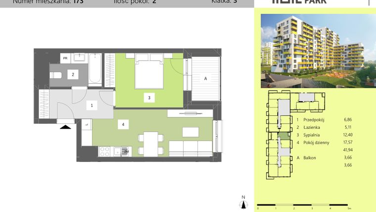 Rzut - Mieszkanie na sprzedaż 2 pokoje o powierzchni 41,94 m² - numer 173 w Dworzysko Park - Etap II