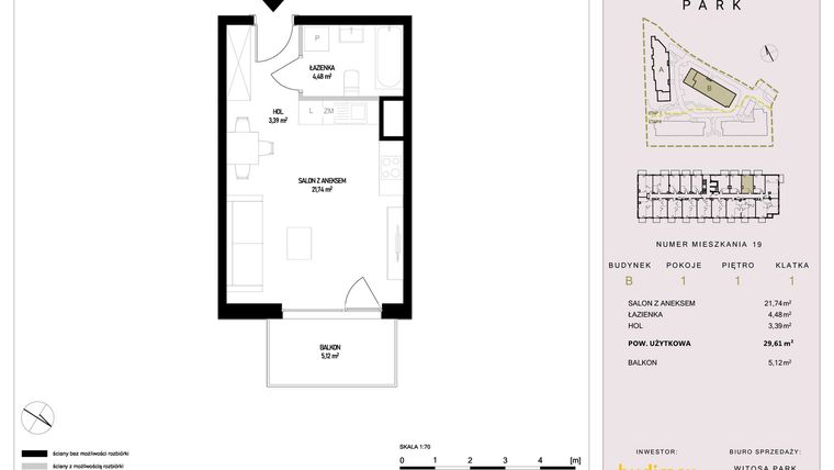 Rzut - Mieszkanie na sprzedaż 1 pokój o powierzchni 29,61 m² - numer B19 w Witosa Park