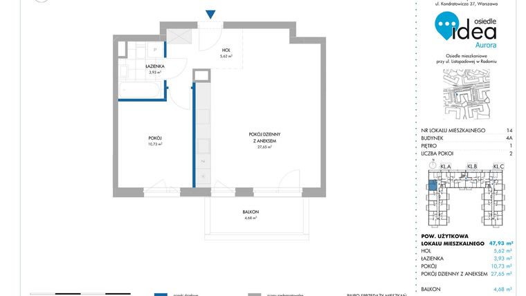 Rzut - Mieszkanie na sprzedaż 2 pokoje o powierzchni 47,98 m² - numer 4A/14 w Osiedle Idea Aurora