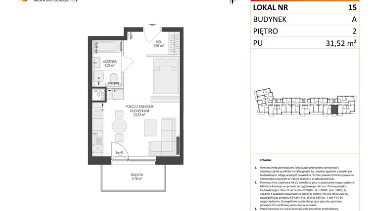 Rzut - Mieszkanie na sprzedaż 1 pokój o powierzchni 31,52 m² - numer A15 w Osiedle Warszawska etap IV