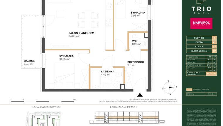 Rzut - Mieszkanie na sprzedaż 3 pokoje o powierzchni 60,78 m² - numer C017 w Trio Park bud. C