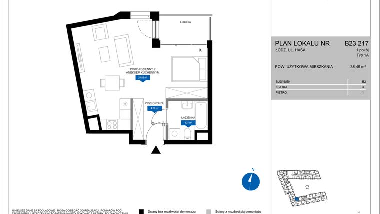 Rzut - Mieszkanie na sprzedaż 1 pokój o powierzchni 38,46 m² - numer B23 217 w Flow - bud. B2 A i bud. B2 B