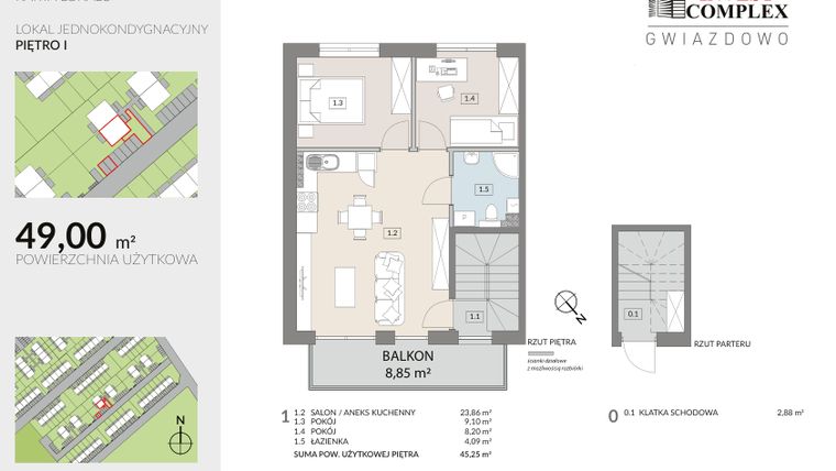 Rzut - Mieszkanie na sprzedaż 3 pokoje o powierzchni 49 m² - numer D14.2 w Osiedle Gwiazdowo etap 8