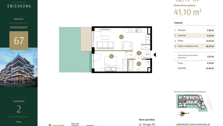 Rzut - Mieszkanie na sprzedaż 2 pokoje o powierzchni 42,17 m² - numer 67 w Rezydencja Świerkowa