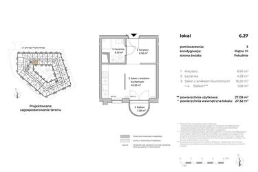 Rzut - Mieszkanie na sprzedaż 1 pokój o powierzchni 27,18 m² - numer 6.27 w OVAL SKY