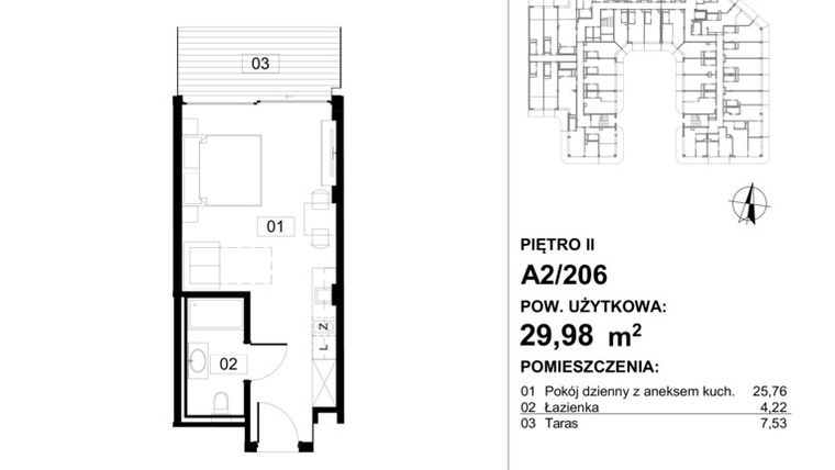 Rzut - Mieszkanie na sprzedaż 1 pokój o powierzchni 30,9 m² - numer 206 w Apollo Resort