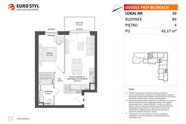 Rzut - Mieszkanie na sprzedaż 2 pokoje o powierzchni 45,17 m² - numer B4.48 w Osiedle Przy Błoniach 3 etap III