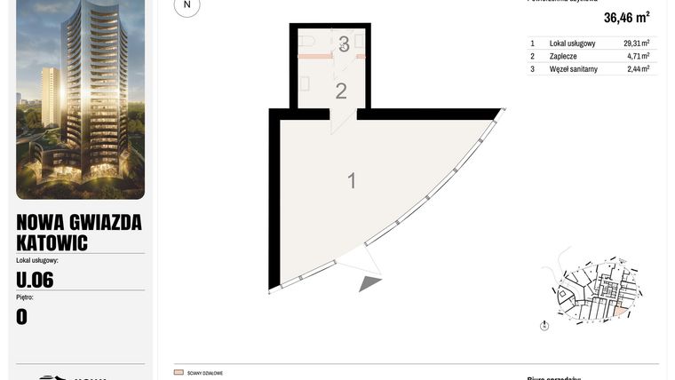 Rzut - Lokal użytkowy na sprzedaż 1 pokój o powierzchni 36,46 m² - numer U.06 w Nowa Gwiazda