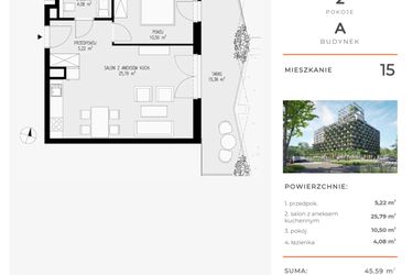 Rzut - Mieszkanie na sprzedaż 2 pokoje o powierzchni 45,59 m² - numer 15 w Semiramis