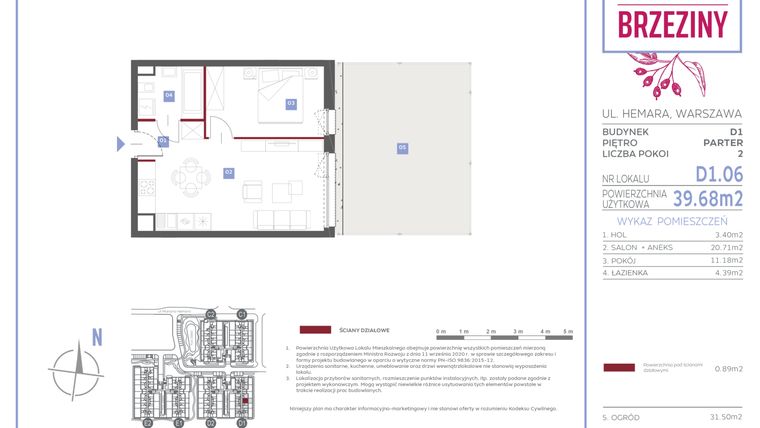Rzut - Mieszkanie na sprzedaż 2 pokoje o powierzchni 39,68 m² - numer D1.06 w Miasteczko Brzeziny II