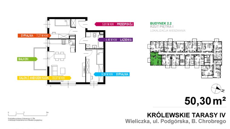 Rzut - Mieszkanie na sprzedaż 3 pokoje o powierzchni 50,3 m² - numer 2.2.1.7 w Królewskie Tarasy
