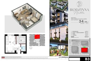 Rzut - Mieszkanie na sprzedaż 2 pokoje o powierzchni 33,84 m² - numer B3 w Rodzinna Malta