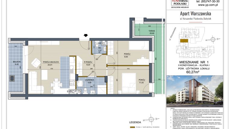 Rzut - Mieszkanie na sprzedaż 3 pokoje o powierzchni 60,27 m² - numer 1 w Apart Warszawska