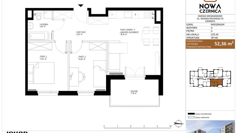 Rzut - Mieszkanie na sprzedaż 3 pokoje o powierzchni 52,36 m² - numer CZ3.33 w Nowa Czernica - etap II
