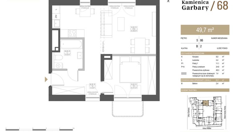 Rzut - Mieszkanie na sprzedaż 2 pokoje o powierzchni 49,7 m² - numer 86 w Garbary 68