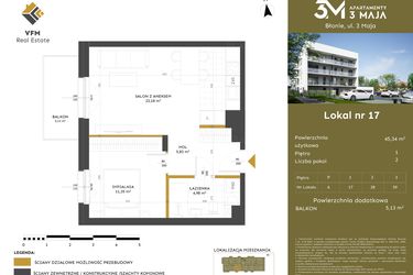 Rzut - Mieszkanie na sprzedaż 2 pokoje o powierzchni 45,34 m² - numer 17 w Apartamenty 3 Maja