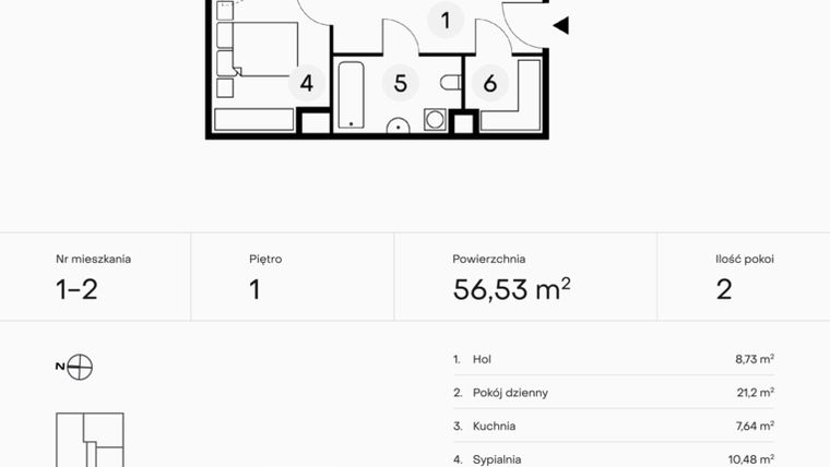 Rzut - Mieszkanie na sprzedaż 2 pokoje o powierzchni 56,53 m² - numer 1-2 w Pączka 1