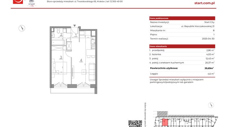 Rzut - Mieszkanie na sprzedaż 2 pokoje o powierzchni 39,69 m² - numer 21/8 w Start City etap IV