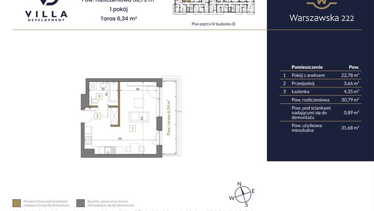 Rzut - Mieszkanie na sprzedaż 1 pokój o powierzchni 30,79 m² - numer 64 w Warszawska 222 bud. D