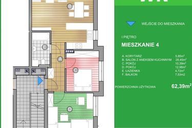 Rzut - Mieszkanie na sprzedaż 3 pokoje o powierzchni 62,39 m² - numer WN/4 w Osiedle Natura - Bud. WN i WM