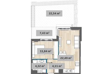Rzut - Mieszkanie na sprzedaż 2 pokoje o powierzchni 42,58 m² - numer F1.D.00.02 w Sady Żoliborz