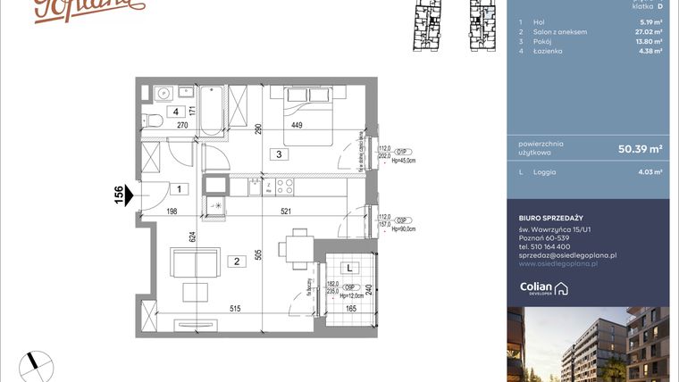 Rzut - Mieszkanie na sprzedaż 2 pokoje o powierzchni 50,72 m² - numer F156 w Goplana budynek F
