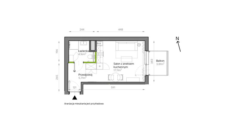 Rzut - Mieszkanie na sprzedaż 1 pokój o powierzchni 26,98 m² - numer A2/50 w Bemowo Vita