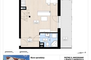 Rzut - Mieszkanie na sprzedaż 1 pokój o powierzchni 49,05 m² - numer B3/3/34 w Montano bud. B3