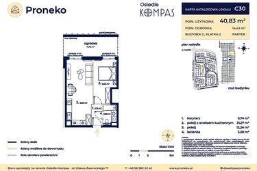 Rzut - Mieszkanie na sprzedaż 2 pokoje o powierzchni 40,83 m² - numer C30 w Osiedle Kompas