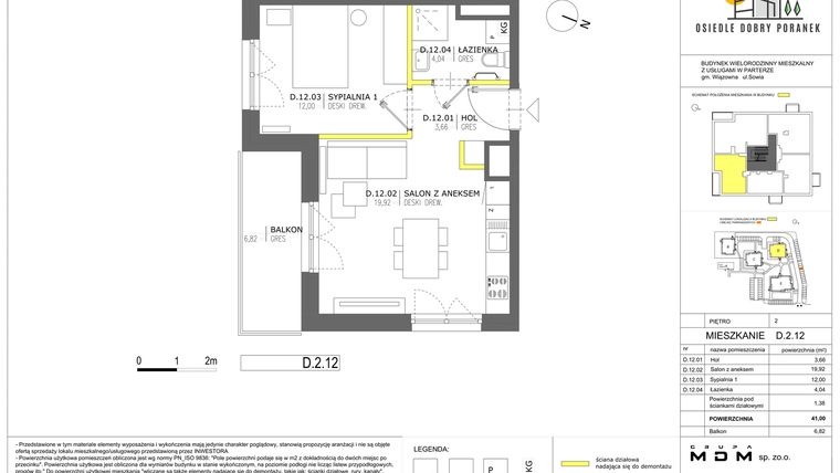 Rzut - Mieszkanie na sprzedaż 2 pokoje o powierzchni 41 m² - numer D.2.12 w Dobry Poranek