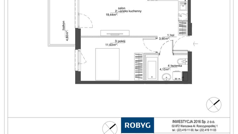 Rzut - Mieszkanie na sprzedaż 2 pokoje o powierzchni 39,1 m² - numer RM/2A/G/1/6 w Rytm Mokotowa - etap 2A