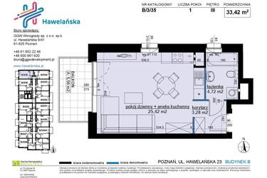 Rzut - Mieszkanie na sprzedaż 1 pokój o powierzchni 33,42 m² - numer B/3/35 w Osiedle Hawelańska etap III - bud. B