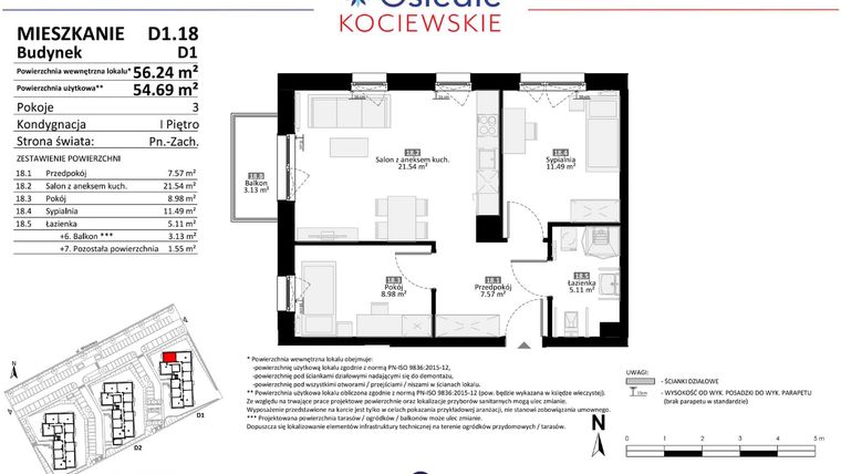Rzut - Mieszkanie na sprzedaż 3 pokoje o powierzchni 54,69 m² - numer D1.18 w Osiedle Kociewskie etap III